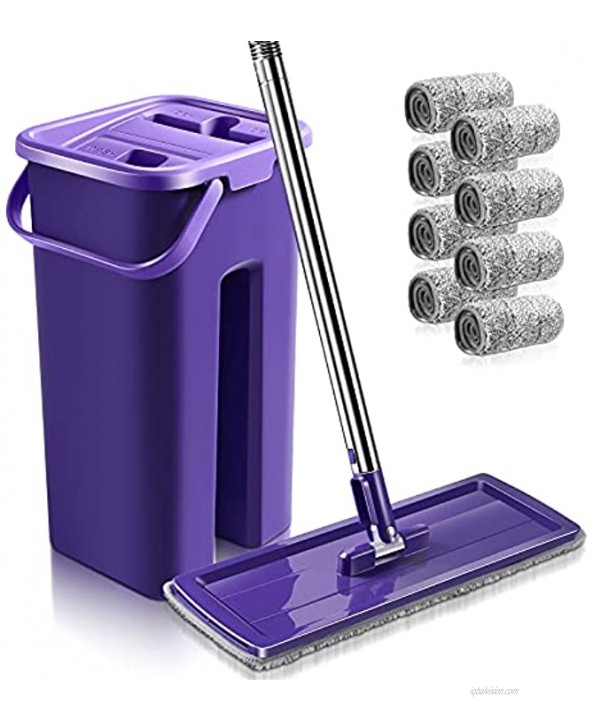 Flat Floor Mop and Bucket Set with 8 PCS Reusable Microfiber Refills Self-Wringing Mop Bucket with Long Handle Wet and Dry Squeeze Mop Use for Home and Kitchen Cleaning