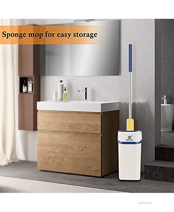 LEARJA Sponge Mop Premium PVA Mop Hands-Free Washing Professional Mops Floor Cleaning Upgrade Squeeze Mop and Bucket with Wringer Set for Hardwood Laminate1 Blue Bucket + 1 Yellow Mop Head