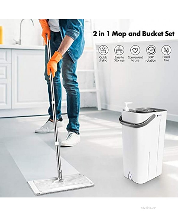 MASTERTOP Mop and Bucket System Flat Mop and Bucket with Wringer Set Mops for Floor Cleaning Hardwood Laminate Tiles Stainless Steel Handle 10 Reusable Microfiber Mop Pads