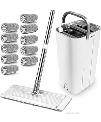 MASTERTOP Mop and Bucket System Flat Mop and Bucket with Wringer Set Mops for Floor Cleaning Hardwood Laminate Tiles Stainless Steel Handle 10 Reusable Microfiber Mop Pads