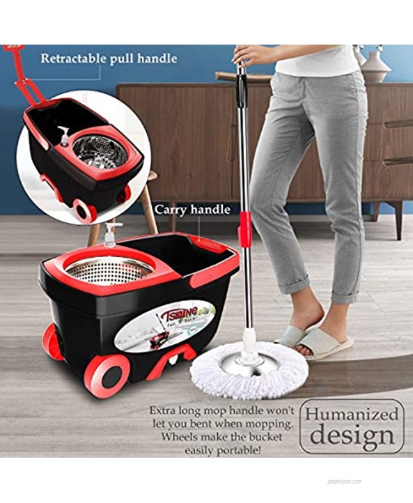 Spin Mop Bucket Floor Cleaning Tsmine Mop and Bucket with Wringer Set Commercial Spinning Mopping Bucket Cleaning Supplies with 6 Replacement Refills,61 Extended Handle for Household Hardwood Floor