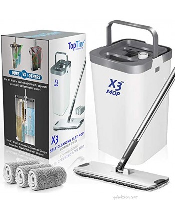 X3 Flat Floor Mop and Bucket Set Separates Dirty and Clean Water 3-Chamber Design Hands Free Home Floor Cleaning 3 Reusable Microfiber Mop Pads Included