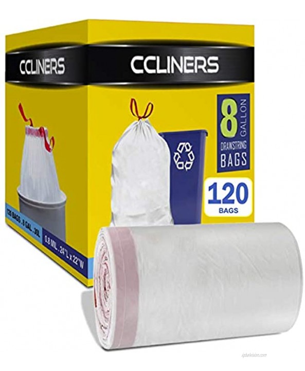CCLINERS 8 Gallon 120 Count Medium Trash Bags Drawstring 30 Liter Kitchen Garbage Bags for Bathroom Wastebasket Can Liners Fits up to 9 Gallon for Home and Office Bins 120 Bags