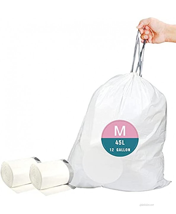 Code M Heavy Duty Trash Bags 50 Count Compatible with simplehuman Code M | White Drawstring Garbage Liners 12 Gallon | 45 Liter