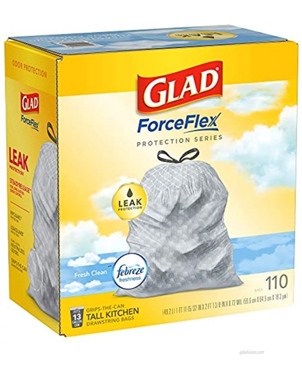 Glad ForceFlex Protection Series Tall Kitchen Trash Bags 13 Gal Fresh Clean with Febreze 110 Ct Package May Vary