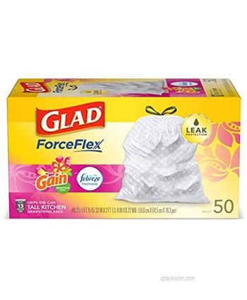 Glad ForceFlex Tall Kitchen Drawstring Trash Bags – 13 Gallon White Trash Bag Gain Island Fresh scent with Febreze Freshness – 50 Count Package may vary