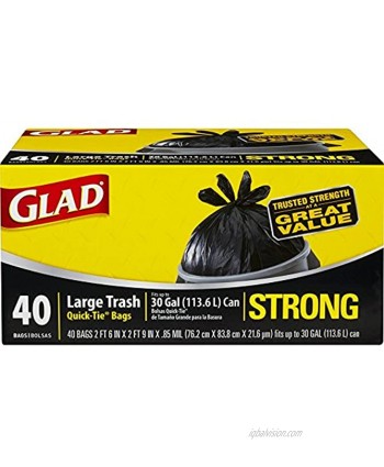 Glad Large Quick-Tie Trash Bags Extra Strong 30 Gallon Black Trash Bag 40 Count