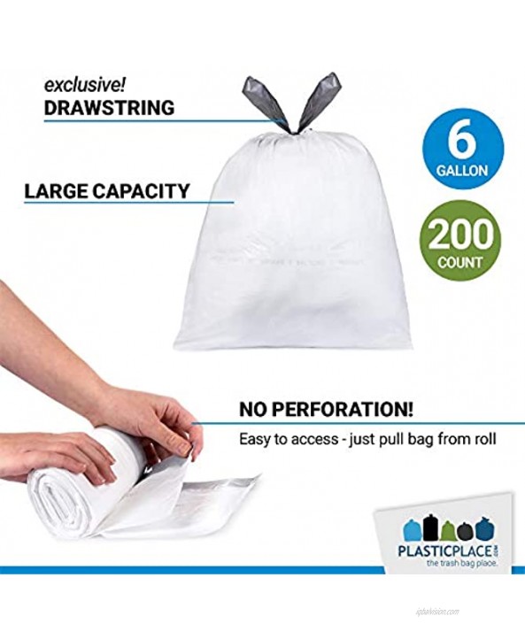 Plasticplace 6 Gallon Trash Bags │ 0.7 Mil │ White Drawstring Garbage Can Liners │ 17 x 20 200 Count