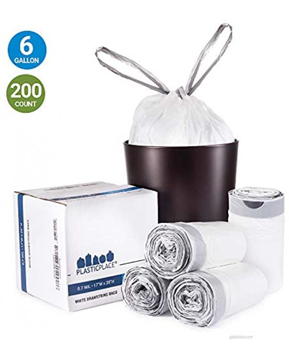 Plasticplace 6 Gallon Trash Bags │ 0.7 Mil │ White Drawstring Garbage Can Liners │ 17 x 20 200 Count