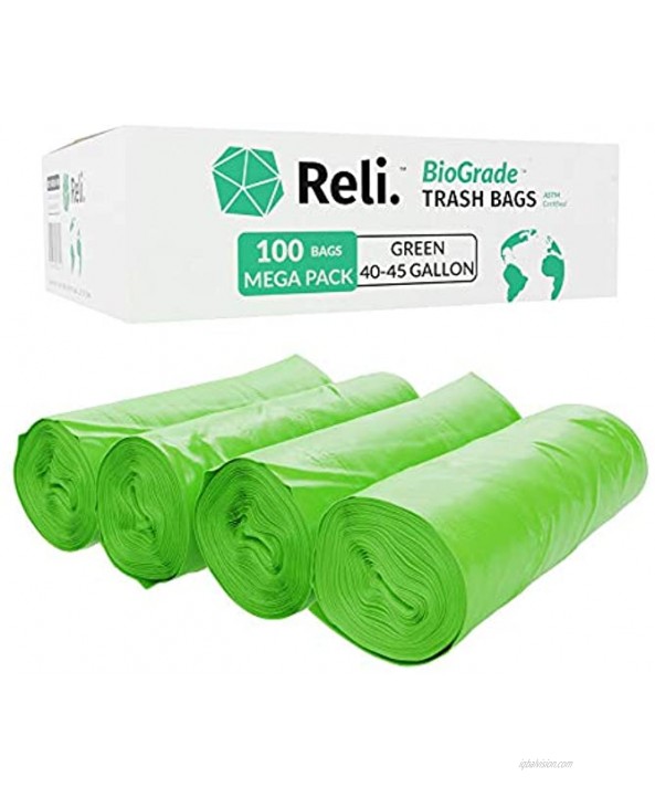 Reli. Biodegradable Trash Bags 40-45 Gallon 100 Count Eco Friendly Trash Bags 30 Gal-39 Gal Compatible Green Trash Bags Biodegradable Under Certain Conditions See Product Description
