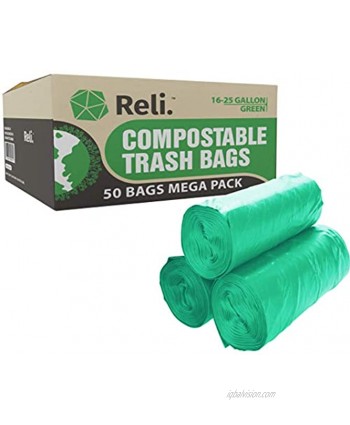 Reli. Compostable 16-25 Gallon Trash Bags | 50 Count | ASTM D6400 | Compost Trash Bags 16 Gallon 20 Gallon 25 Gallon Green Eco-Friendly Garbage Bags 16-25 Gal