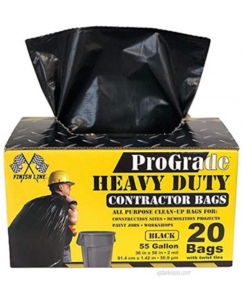 Reli. ProGrade Contractor Trash Bags 55 Gallon 20 Bags w Ties Black 55 Gallon Trash Bags Heavy Duty Garbage Bags Construction Bags 2 mil 55 Gallon 60 Gallon Black