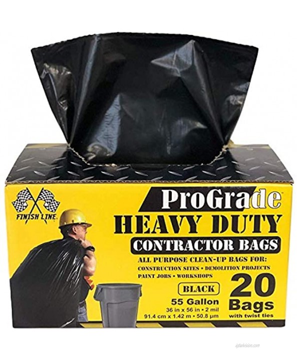 Reli. ProGrade Contractor Trash Bags 55 Gallon 20 Bags w Ties Black 55 Gallon Trash Bags Heavy Duty Garbage Bags Construction Bags 2 mil 55 Gallon 60 Gallon Black