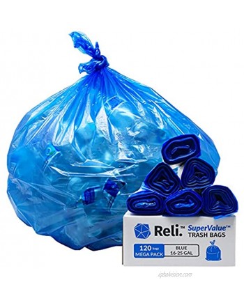 Reli. SuperValue 16-25 Gallon Recycling Bags 120 Count Made in USA Blue Trash Bags 30 Gallon Strength 16 Gallon 20 Gal 30 Gal Capacity Bulk