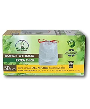 Tall Kitchen Drawstring 13 Gallons Trash Bags 50 Count Extra Thick Super Strong Eco Friendly Made By%100 Recycled Material 50