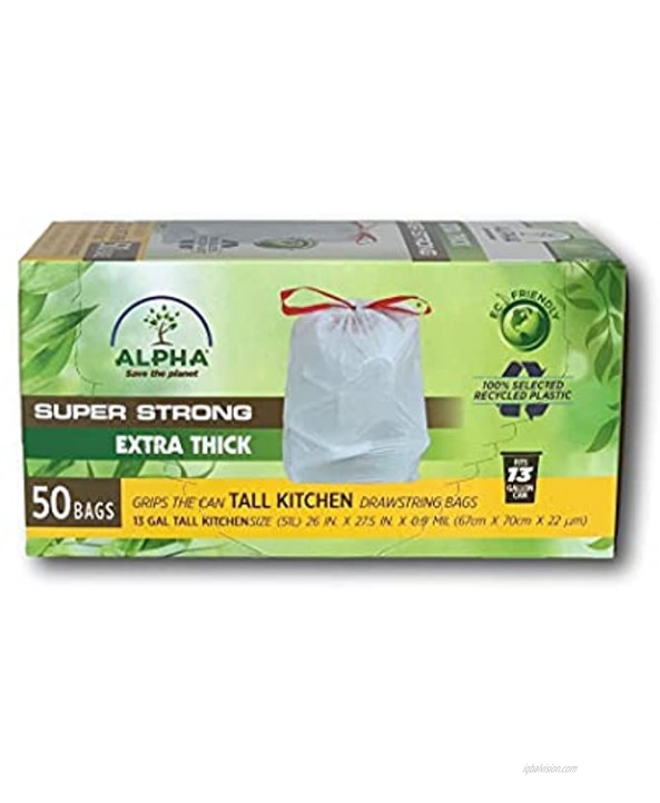 Tall Kitchen Drawstring 13 Gallons Trash Bags 50 Count Extra Thick Super Strong Eco Friendly Made By%100 Recycled Material 50