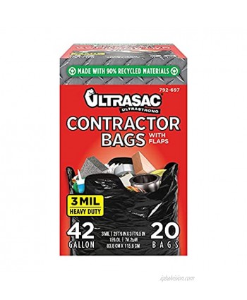 Ultrasac Contractor Bags 42 Gallon 20 PACK  w FLAP TIES 33" x 45" 3 MIL Thick Large Black Heavy Duty Industrial Garbage Trashbags for Professional Construction and Commercial use
