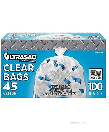 Ultrasac Heavy Duty 45 Gallon Garbage Bags Huge 100 Pack w Ties 46' x 40' Industrial Quality Clear Trash Bags for Paper Plastic Cans Bottles Newspaper Grass Lawn
