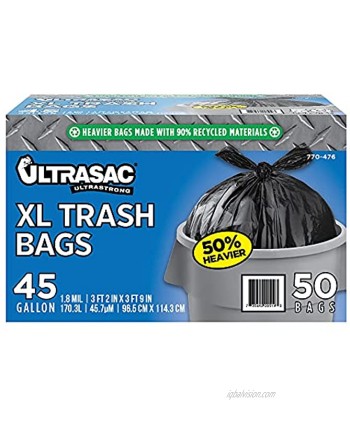 Ultrasac Heavy Duty 45 Gallon Trash Bags Huge 50 Count w Ties 1.8 MIL 38" x 45" Large Black Plastic Garbage Bags for Contractor Industrial Home Kitchen Commercial Yard Lawn Leaf