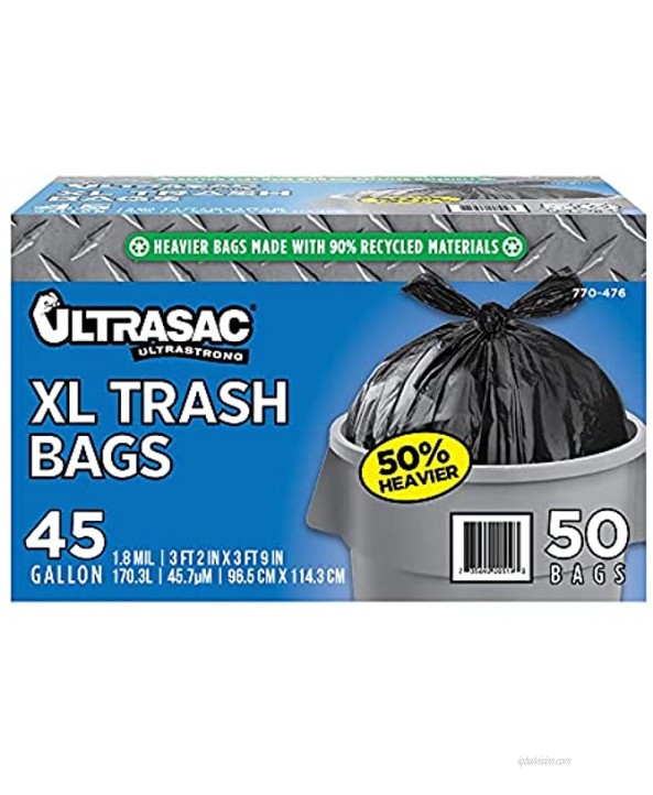 Ultrasac Heavy Duty 45 Gallon Trash Bags Huge 50 Count w Ties 1.8 MIL 38 x 45 Large Black Plastic Garbage Bags for Contractor Industrial Home Kitchen Commercial Yard Lawn Leaf