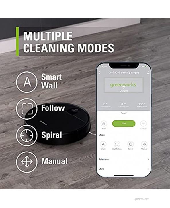 Greenworks GRV-1010 Robot Vacuum Smart Self-Charging Robotic Vacuum Cleaner Powerful Suction brushless Motor Adjustable in Four Levels Auto Sweeper for Pet Hair Hard Floor Carpet