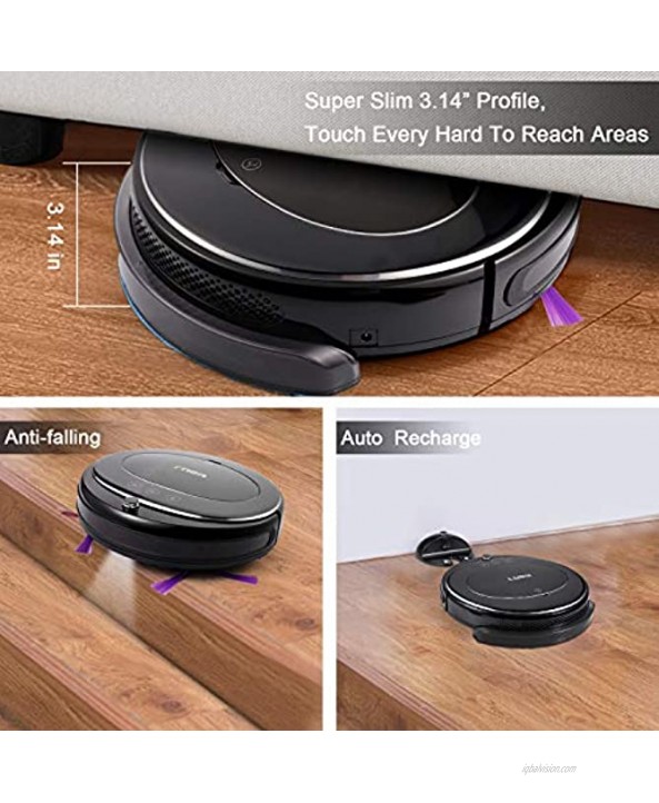 Luby Robot Vacuum Cleaner Vacuum and Mop Robotic Vacuum Cleaner Wi-Fi Connectivity Self-Charging Super-Thin Quiet Cleans for Pet Hair Hard Floors Low-Pile Carpets Black