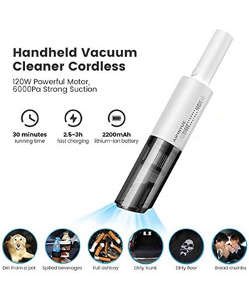 Handheld Vacuum Cordless 120W 6KPa Portable Hand Vacuum Cleaner with Replaceable HEPA Filter Mini USB Rechargeable Wet Dry Household Vacuum Cleaner for Home Pet Hair and Car White