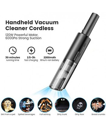 Handheld Vacuum Cordless Portable Hand Vac Cleaner with Replaceable HEPA Filter 120W 6000Pa Mini USB Rechargeable Wet Dry Household Vacuum Cleaner for Home Pet Hair and Car Black