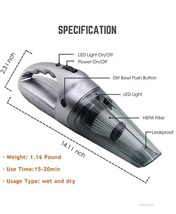 RageCraft Handheld Cordless Vacuum Cleaner,Wet and Dry 3 in 1 Portable Hand Held Vacuum Car Cleaner Rechargeable Hand Vacuum for Pet Hair Kitchen Home Cleaning with LED Light Silver