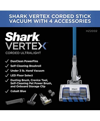 Shark HZ2002 Corded Stick Vacuum Vertex Ultralight DuoClean PowerFins with Self-Cleaning Brushroll Removable Handheld 0.32 Dry Quart Dust Cup Capacity Cobalt Blue