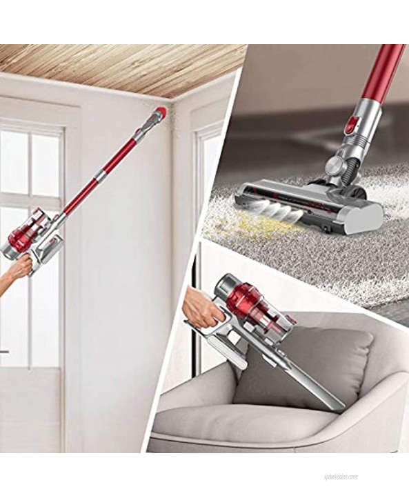 BuTure Cordless Vacuum 26KPa Powerful Stick Vacuum,35min Runtime Lightweight Vacuum Cleaners with Telescopic Tube and Detachable Battery Handheld Vacuum for Carpet Floor Pet Stair Red