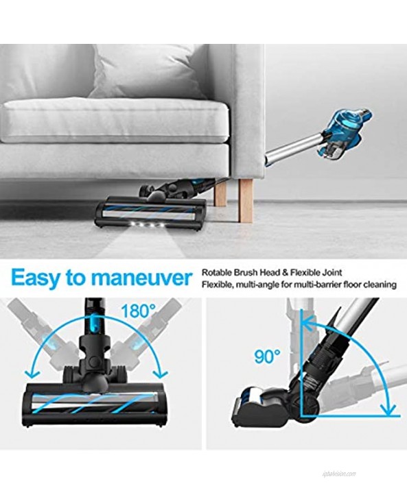 INSE Cordless Vacuum Cleaner Up to 80min Run-time Rechargeable Stick Vacuum with Two 25000mAh Btteries Lightweight Powerful Upright Vacuum for Hard Carpet Floor Hair Car Bed Stairs Blue & Black