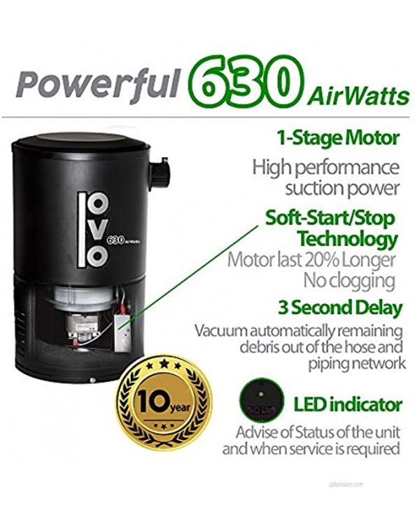 OVO Black Compact and Powerful Central Vacuum System Condo Vac 630 Air Watts Use with Disposable Bags 18L or 4.75Gal