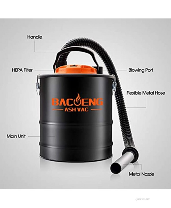 BACOENG 4 Gallon 6.6Amp Compact Ash Vacuum Cleaner w Blowing Function Bagless Debris Ash Collector for Fireplaces Grills BBQ's Fire Pits and Stoves