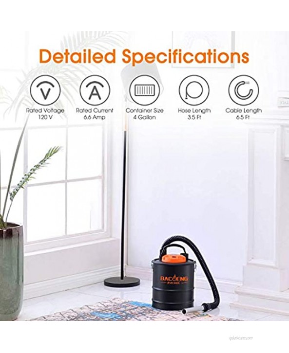 BACOENG 4 Gallon 6.6Amp Compact Ash Vacuum Cleaner w Blowing Function Bagless Debris Ash Collector for Fireplaces Grills BBQ's Fire Pits and Stoves