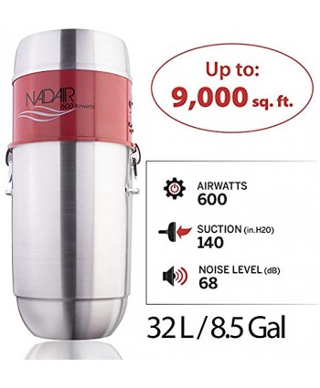 Nadair 600 AW Heavy Duty Powerful Central Vacuum System Hybrid Filtration with or Without Disposable Bags 32L or 8.5Gal Aluminum