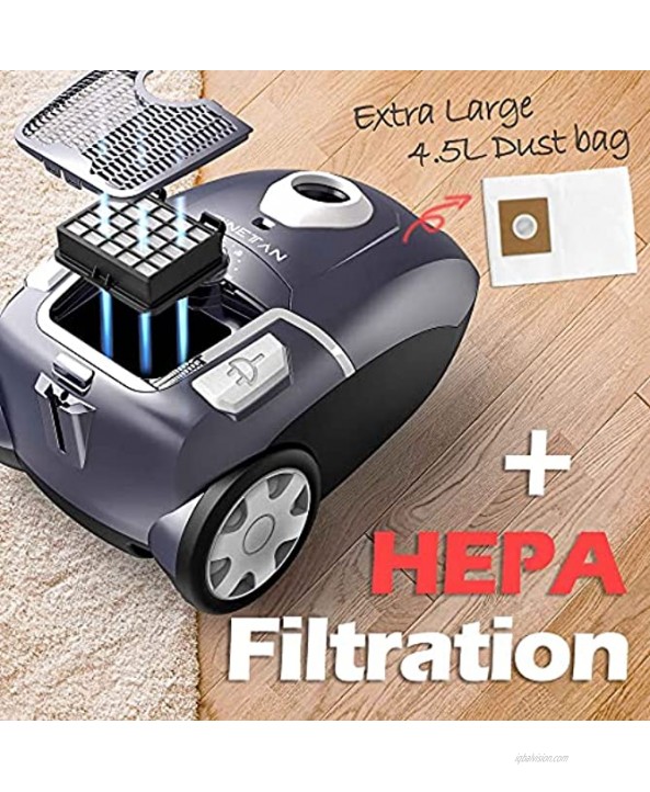 PINETAN Professional Canister Vacuum Cleaner UA807 62 dB Advanced Low Noise Technology High Suction Power and Rotation Speed Adjustment 4.5 L Extra Large Dust Bags Included.