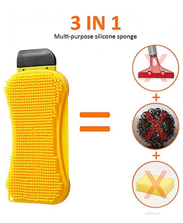 4 Pieces Silicone Sponges 3 in 1 Versatile Silicone Cleaning Brush Kitchen Sponge Dishwashing Scrubber Multi-Purpose Scraper for Dish Kitchen and Bathroom Cleaning Yellow Orange