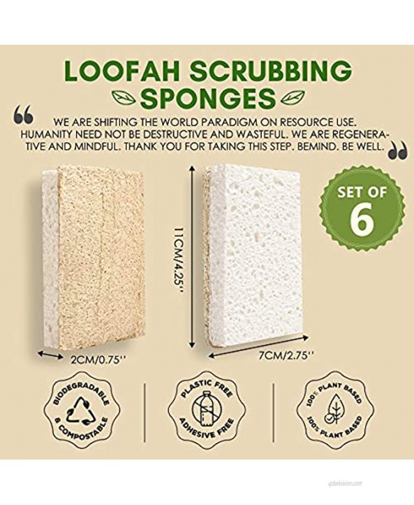 BeMind Loofah Dish Sponge Set of 6 Natural Sponges for Dishes|1% for the Planet Biodegradable Sponges|Eco friendly Sponges for Dishes in Your Zero Waste Kitchen|Compostable Sponges|No Odor Eco Sponges