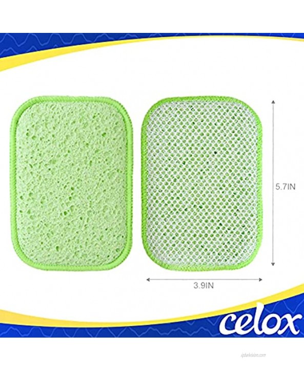 CELOX 12 Pack Dual-Sided Scrub & Wipe Sponge Pad Natural Cellulose Sponge with Non-Scratch Multi-Purpose Dish & Kitchen Sponges Absorbent and Long Lasting 5.7 x 3.9