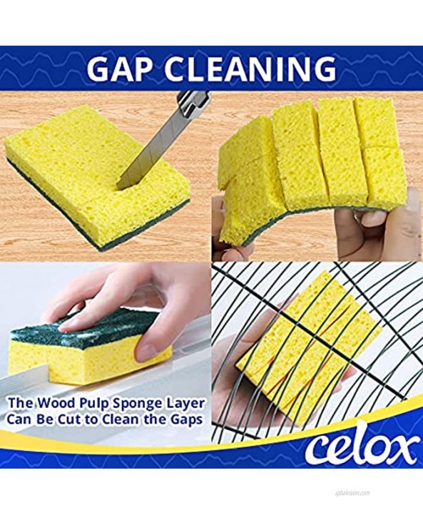 CELOX Dual-Sided Dish Sponge Heavy Duty Kitchen Sponge Fast Cleaning Dishwashing Household Cleaning Sponges for Kitchen 12 Pack 4.5 x 2.7 x 0.8