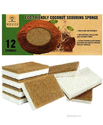 MaVita Biodegradable Natural Cleaning Kitchen Sponges 12 Pack Cellulose Eco Friendly Coconut Husk Scrubber for Dishes No Odor