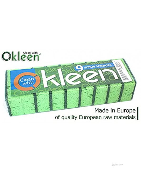 Okleen Green Multi Use Scrub Sponge. Made in Europe. 9 Pack 4.3x2.8x1.4 inches. Odorless Heavy Duty and Non Scratch Fiber. Best Durable Delicate Porous Non Cellulose Kitchen Sponges and Scrubbers