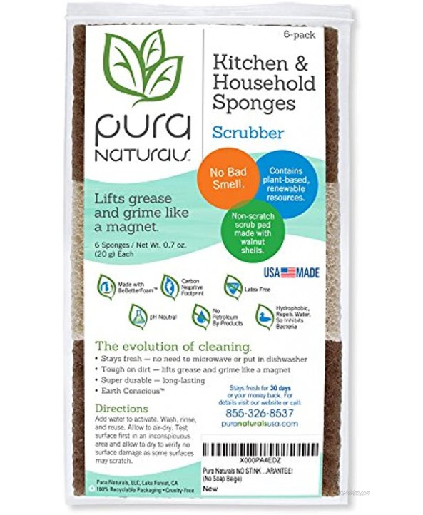 Pura Naturals Stink Free Sponge. Stay Fresh NO Odor Guarantee! Eco Kitchen Household Dish Sponges w Walnut Scrubbers Cleans Kitchen Cooking Oils and Grease 40x More Durable. 6