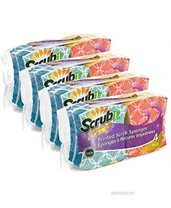 Scrub-It Printed Scrub Dish Sponge Non-Scratch Shaped for More Comfortable Grip and Handling Make Cleaning Faster and Easier Sold as a 16 Pack