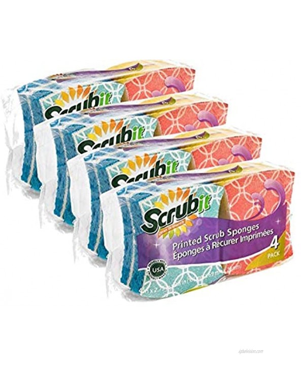 Scrub-It Printed Scrub Dish Sponge Non-Scratch Shaped for More Comfortable Grip and Handling Make Cleaning Faster and Easier Sold as a 16 Pack