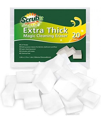 SCRUBIT 20 Pack Extra Thick Magic Sponge Eraser Kitchen Bathroom Floor and Wall Cleaner Miracle Melamine Cleaning Sponges- Durable Long Lasting Foam Scrubbing Pads for Tough Stains and Dirt