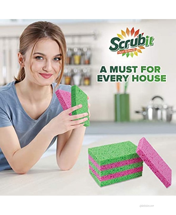 SCRUBIT Cellulose Scrub Sponge Kitchen Cleaning Sponges for Dishes ,Pans ,Pots & More- 6 Pack Dishwashing Sponges Colors May Vary