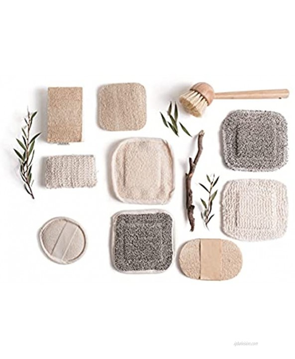 Set of 10 compostable Hemp and Loofah Kitchen eco Dish sponges for Kitchen Cleaning eco Friendly Kitchen sponges compostable Sponge Bamboo and Bristle Dish Brush and Bonus Hemp face washcloth