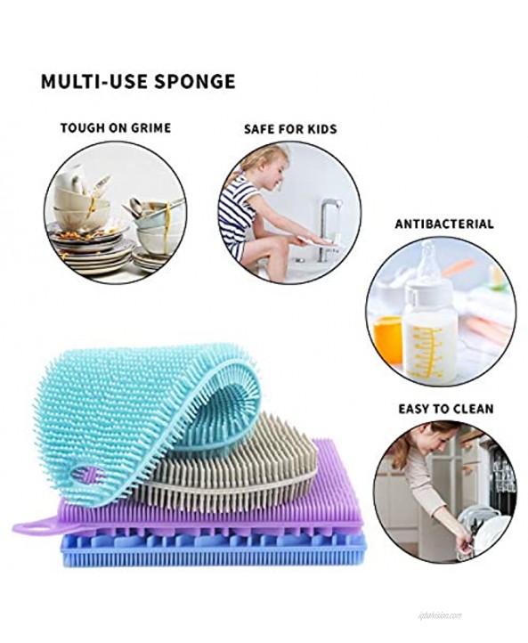 Silicone Dish Sponge Dish Scrubber [4 Pack] – 4 Dual-Sided Food Grade Silicone Sponges for Dishes and Housecleaning with Silicone Scrubber Side and Silicone Sponge Side – BPA Free Kitchen Sponges